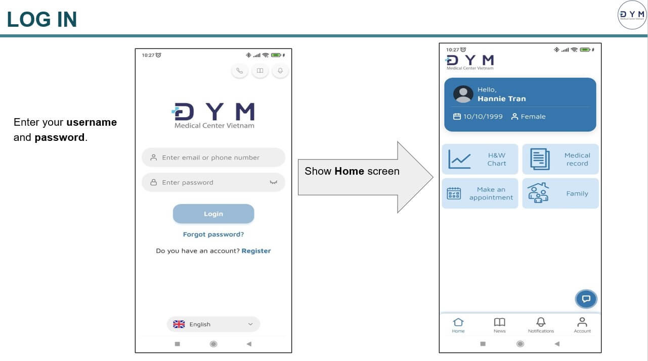 DYM login screen alongside the home screen with appointments, records, charts and family functions