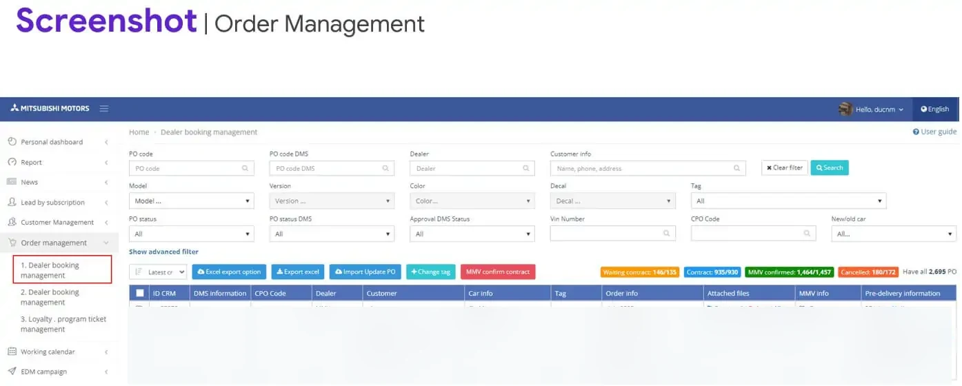 Mitsubishi Motors Vietnam order management screen