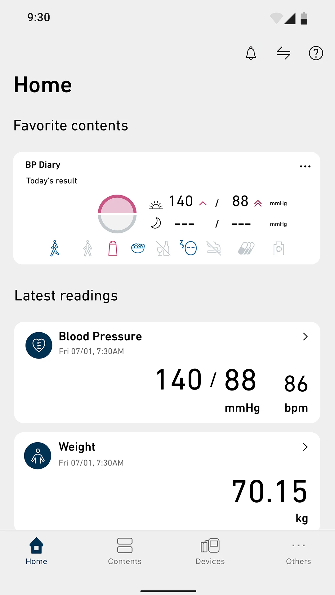 OMRON Connect home screen showing recent blood pressure and weight measurements