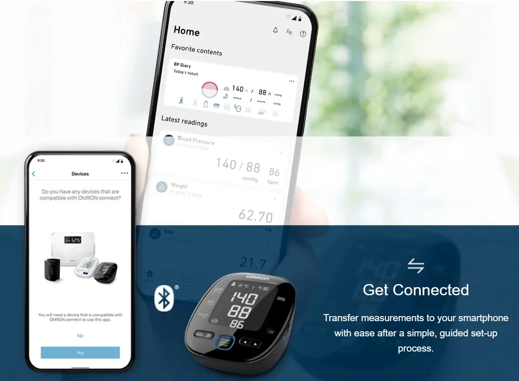 OMRON Connect screens showing compatible devices and connection experience