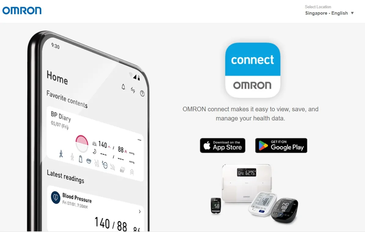 OMRON Connect application shown with compatible OMRON health devices
