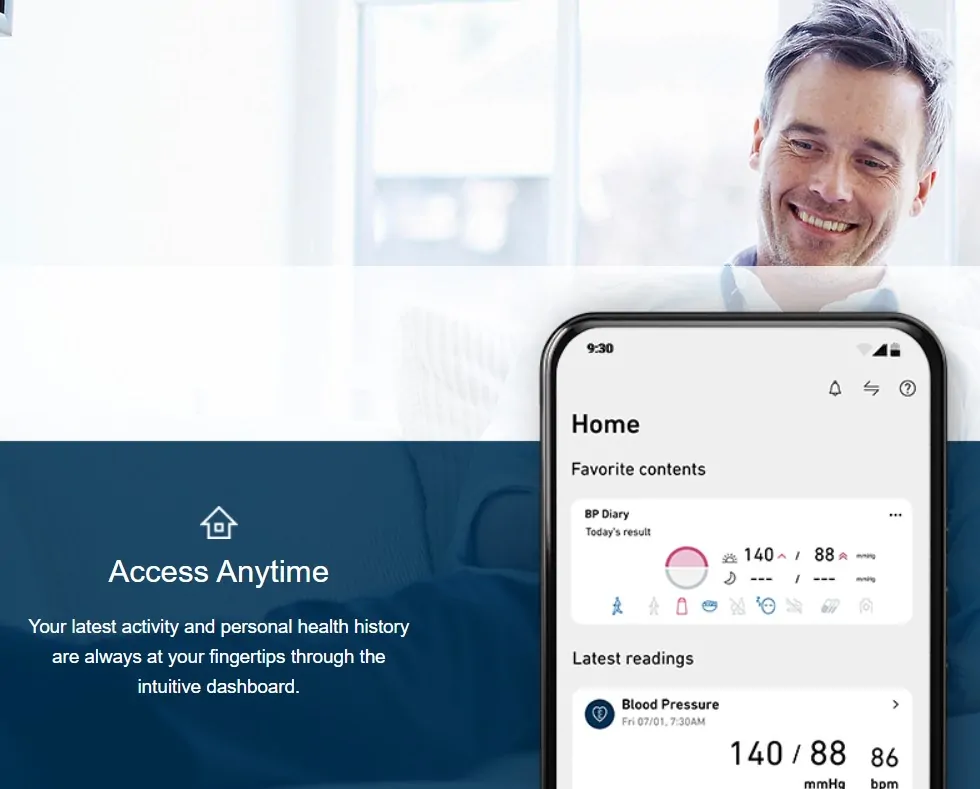 OMRON Connect application screens showing access to measurement history