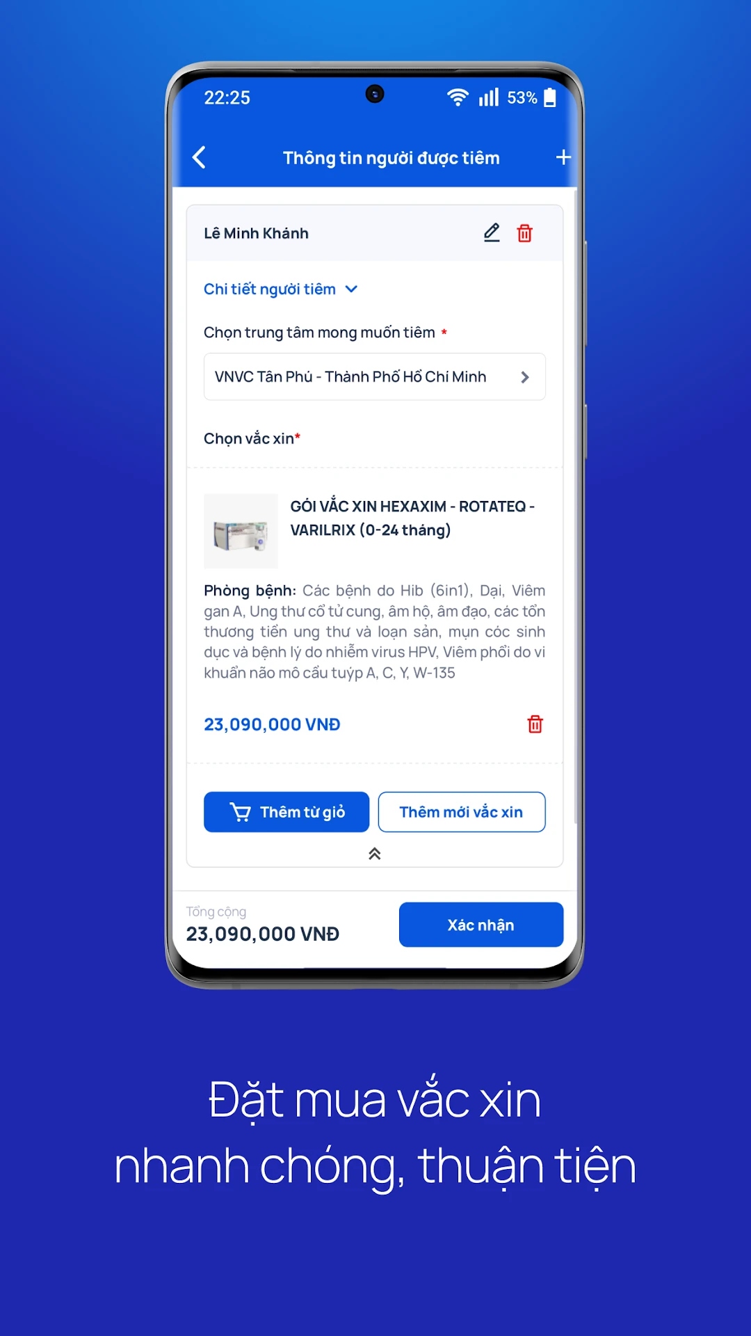 VNVC public app screen showing person, centre and vaccine details for a purchase