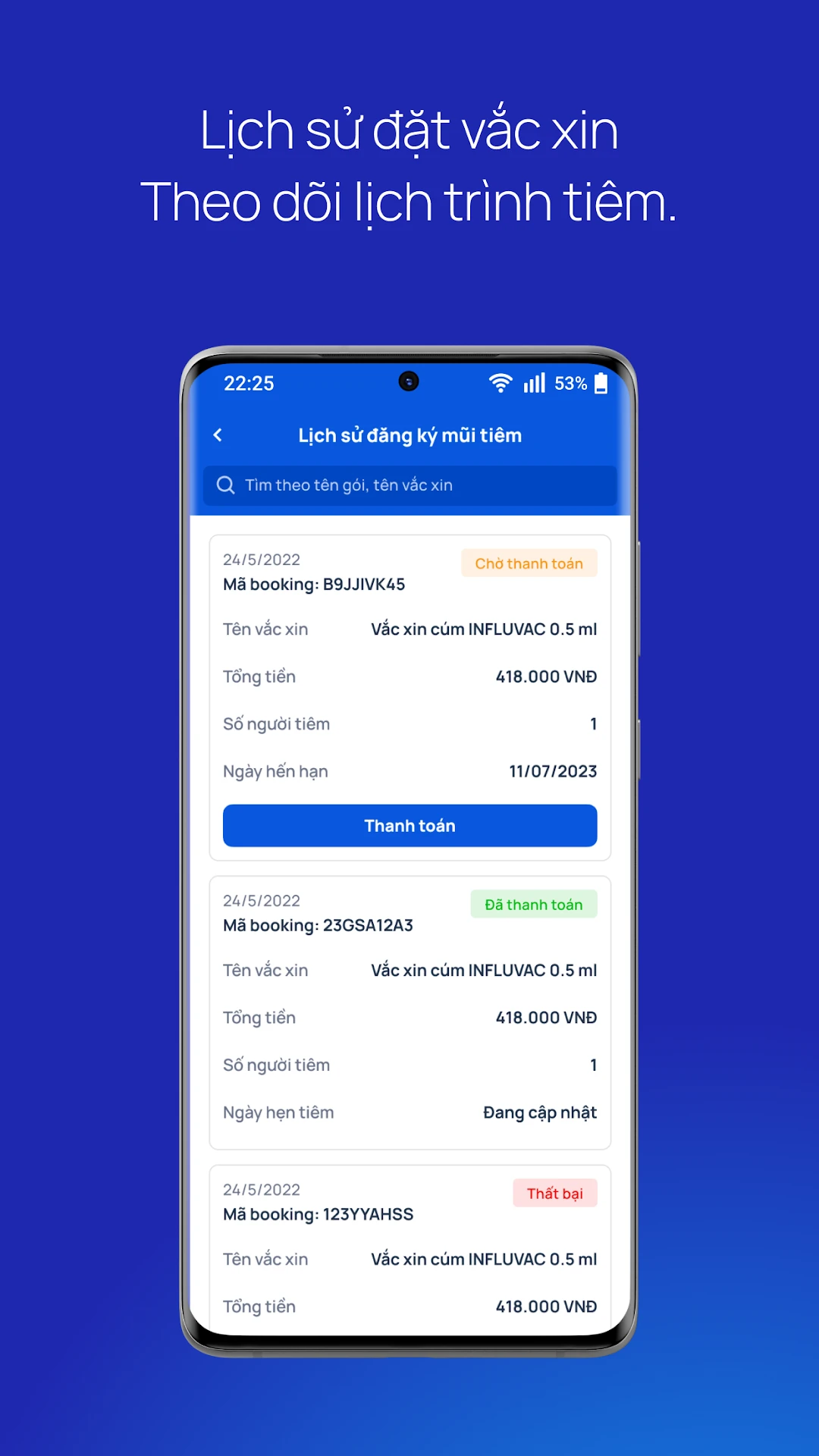 VNVC public app screen showing booking history and status