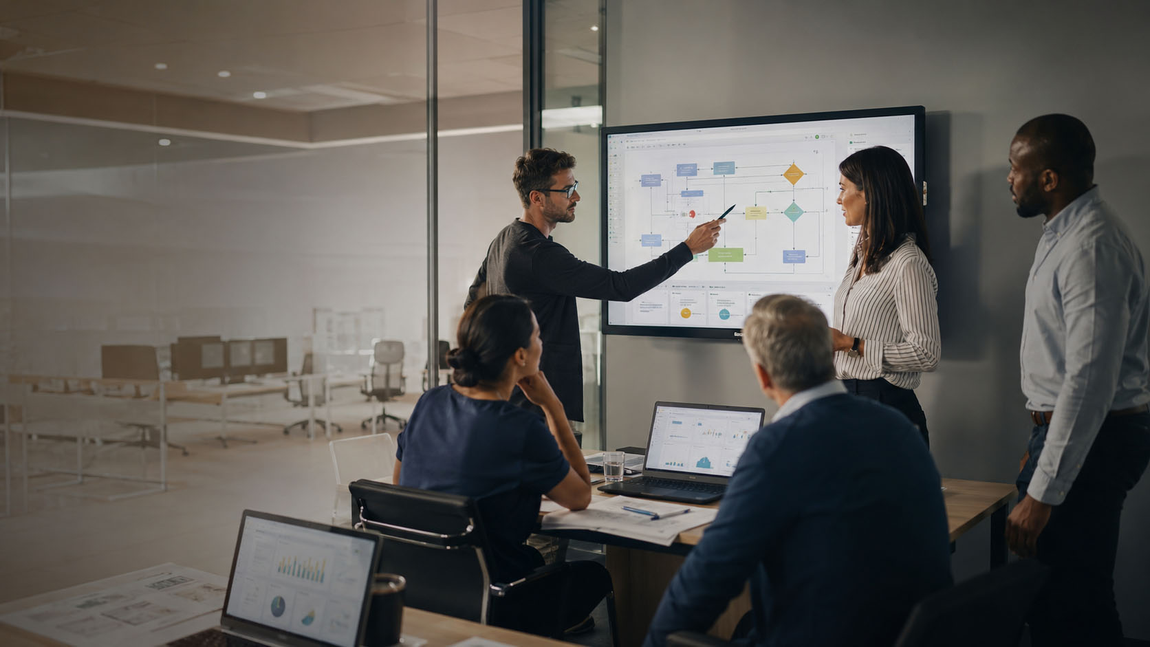 An operations team mapping decisions, hand-offs and exceptions on a shared screen