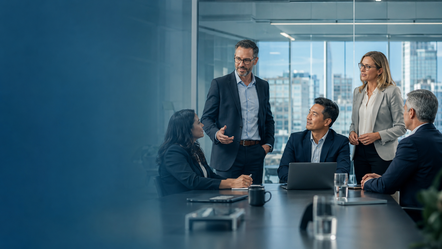 Enterprise leaders discussing a complex platform programme in a modern office