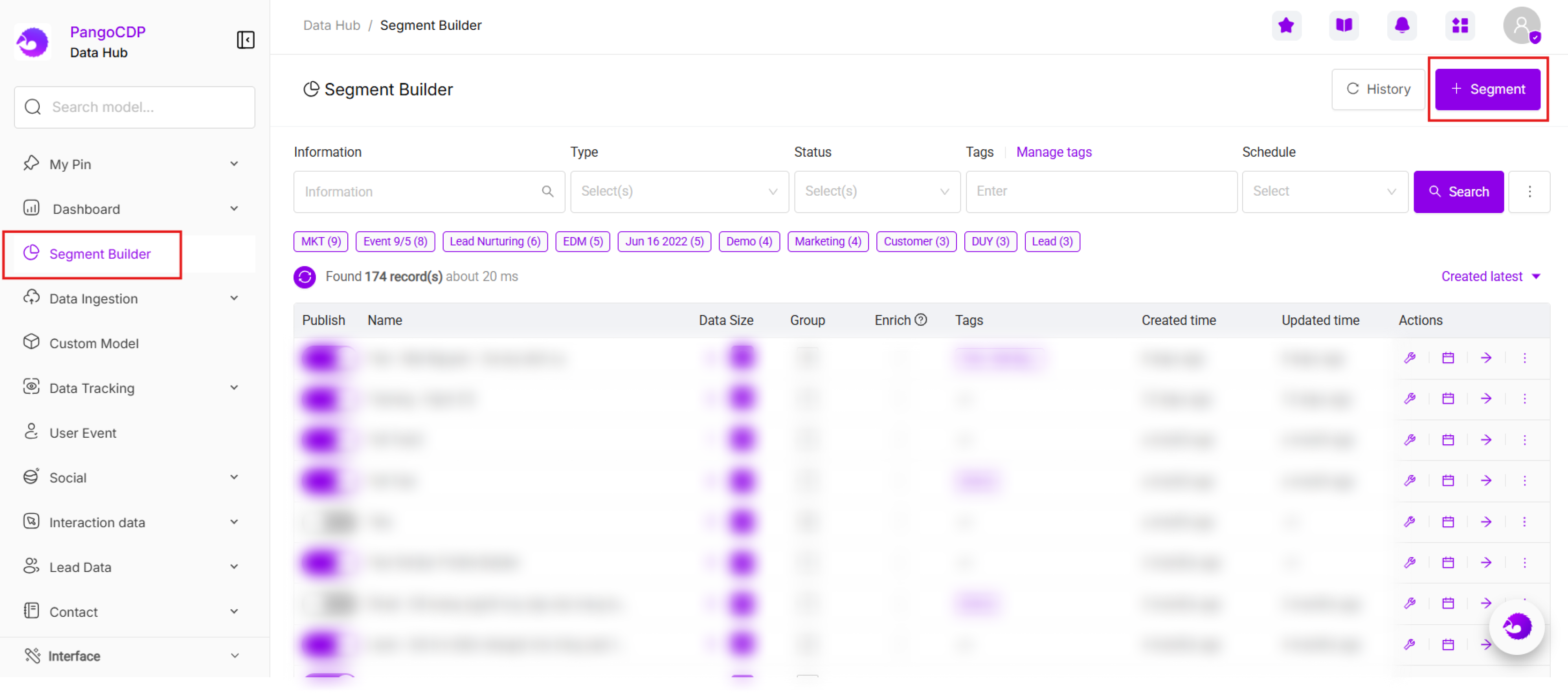 PangoCDP Segment Builder product documentation screen